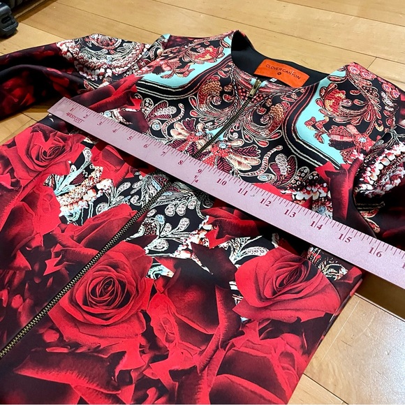 CLOVER CANYON Rose Matador neoprene cropped zipper closure bomber red jacket, XS - Picture 6 of 8